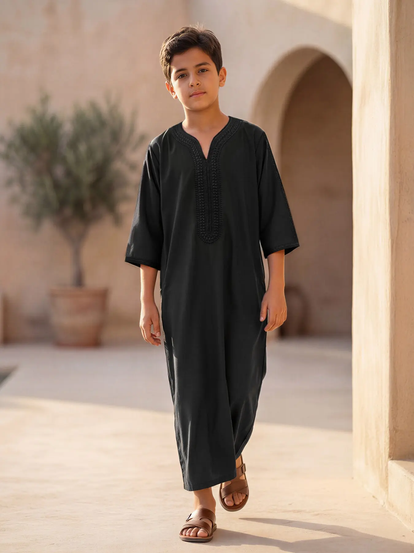Moroccan Style Boy Three Quarter Sleeve Thobe, Elegant Embroidered V Neck, Hidden Side Pockets, Suitable for Boys Aged 8-12