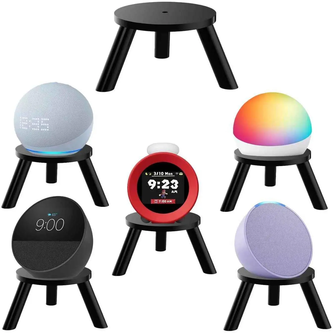 Desktop Speaker Stand for Echo Spot 2024, Echo Dot, Echo Glow, HomePod mini and Sonos  100,  Sound Clock Alarmo,  Tripod Accessories Holder (Black)