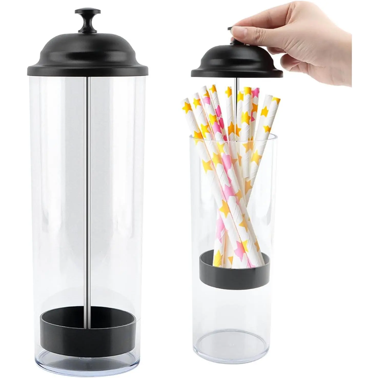 10.6 Inch Black Straw Dispenser with Lid, Plastic Transparent Straw Holder Organizer Container for Counter, Fits Most Drinking Straws