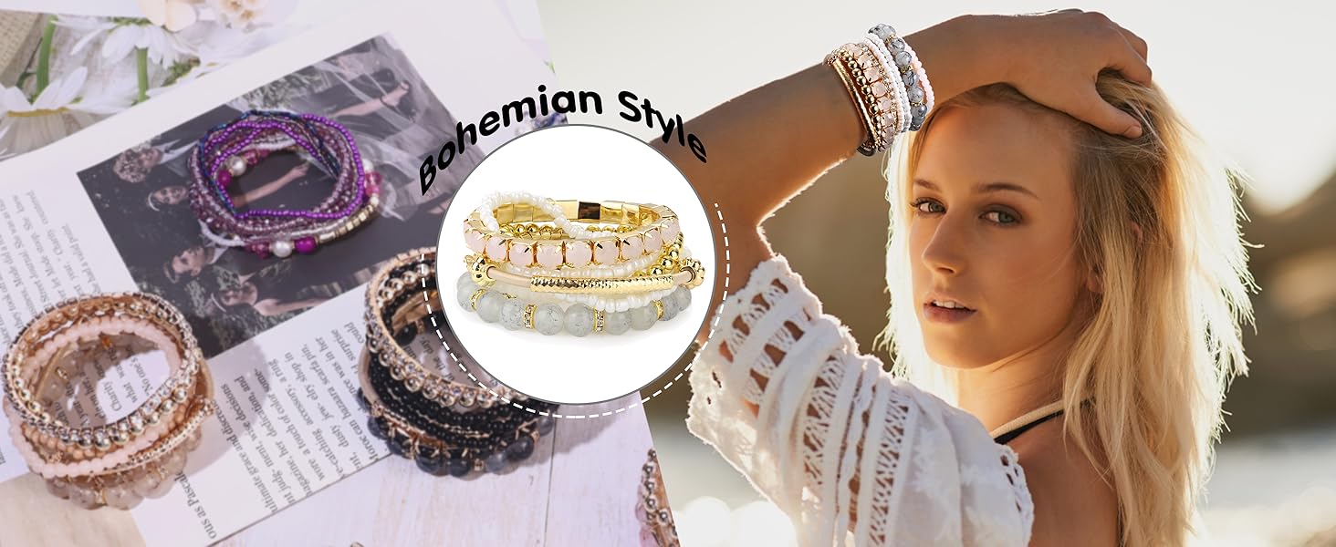 6 Sets Bohemian Stackable Bead Bracelets for Women Stretch Bohemian Style Stretch Multilayered Boho Bracelet Set