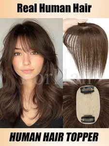 Brown Human Hair Topper With Bangs Women 5x9cm Natural Black Highlights Blonde Skin Scalp Glueless Clip in Topper Hair Pieces Human Hair