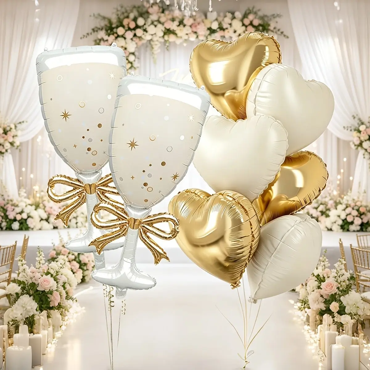 9Pcs Champagne Themed Foil Balloon Set, Includes Bow Wine Glass Balloon, Gold & White Heart Foil Balloons with Ribbon, Engagement Party, Wedding, Anniversary, Bachelorette Party & Birthday Backdrop Decor Supplies