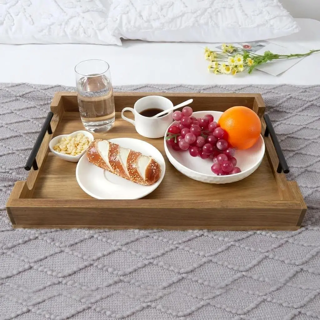 Large Acacia Wood Serving Tray with Metal Handles, 17" x 12" Rectangular Ottoman Tray for Coffee Table, Rustic Farmhouse Wooden Sofa Tray for Living Room Kitchen Breakfast in Bed Decorative Cheese Board