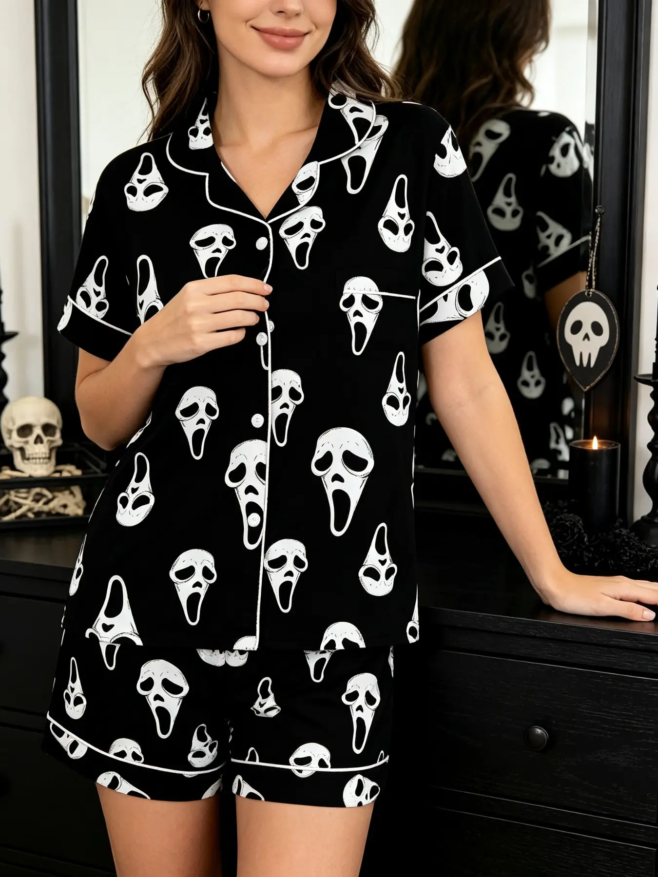 Halloween Pajama Set, Base Cartoon Print, Short Sleeve Button-Up Top, Shorts, Fitted, All Seasons, Casual Home Wear
