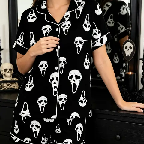 Halloween Matching Pajama Set, Cute Cartoon Print, Short Sleeve Button-Up Fitted Top and Shorts, Casual Home Wear for All Seasons
