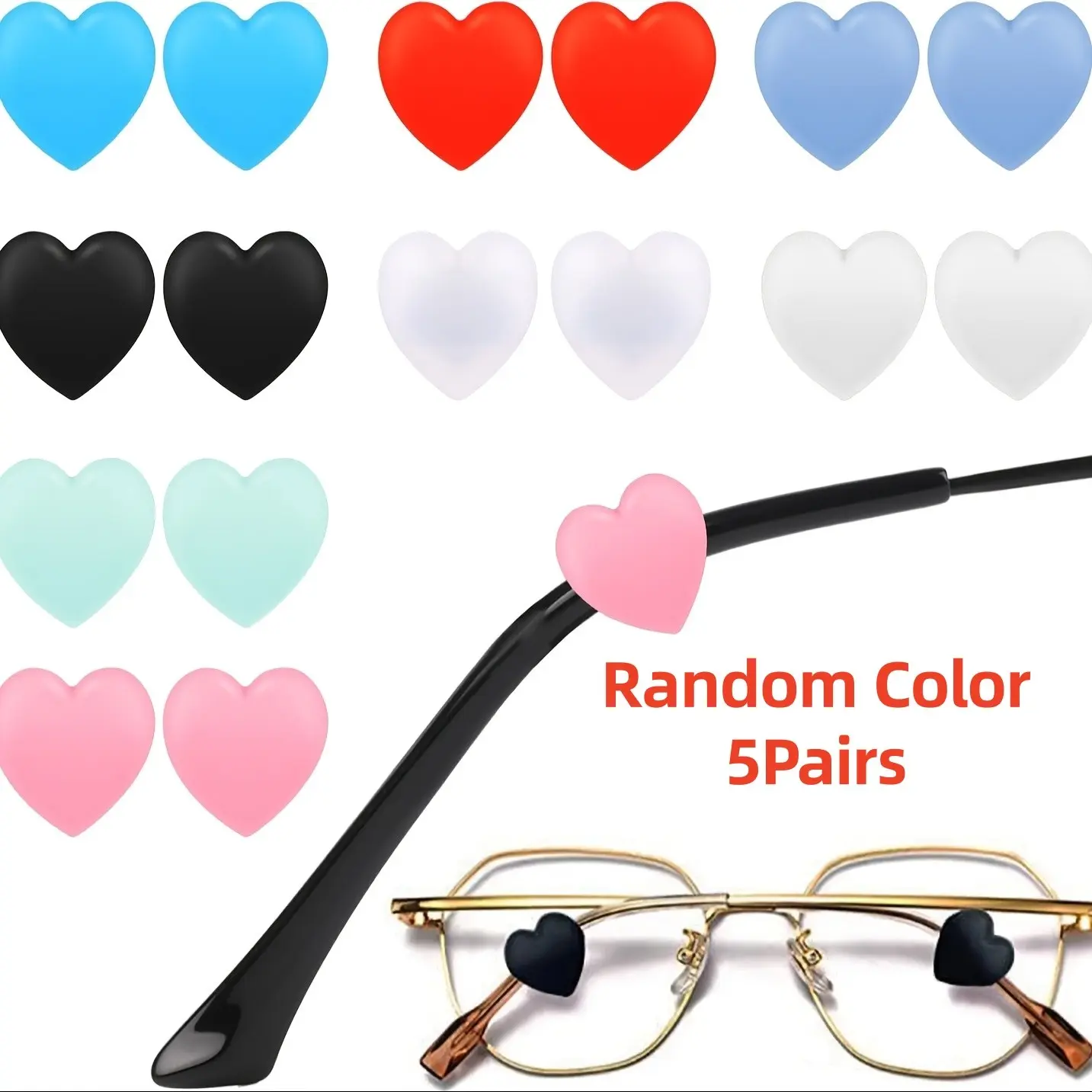 5 Pairs Random Color Heart-Shaped Glasses Anti-Slip Straps, Comfortable Soft Ear Hooks, Ear Grips For Glasses, Prevents Falling Off, Multiple Colors