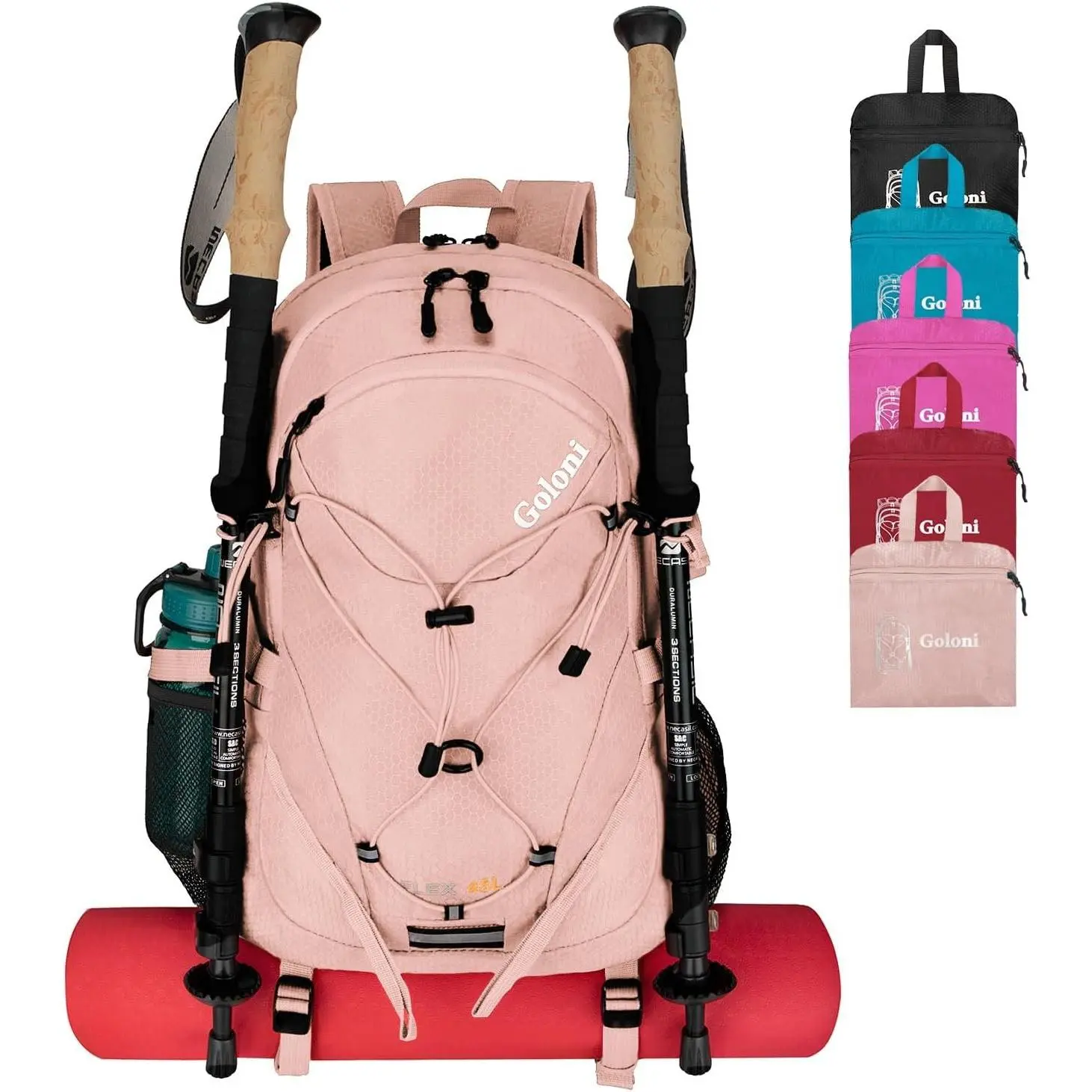 45L Hiking Backpack Lightweight Foldable, Waterproof Camping Backpack with Rain Cover & Hiking Pole Mat Carrying System, Ergonomic Water Resistant Daypack for Trekking Travel Men Women PinkGift