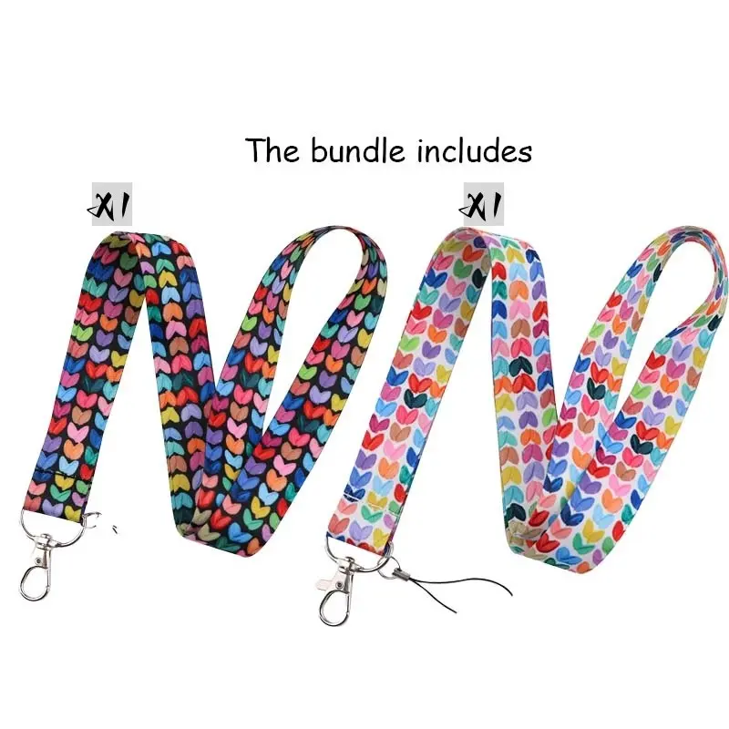 2-Pack Heart Pattern Lanyards, Cute Neck Strap for ID Card Holder and Keys, Metal Key Ring, Perfect Gift for Teachers, Students, Staff, Cute Lanyards for ID Badges