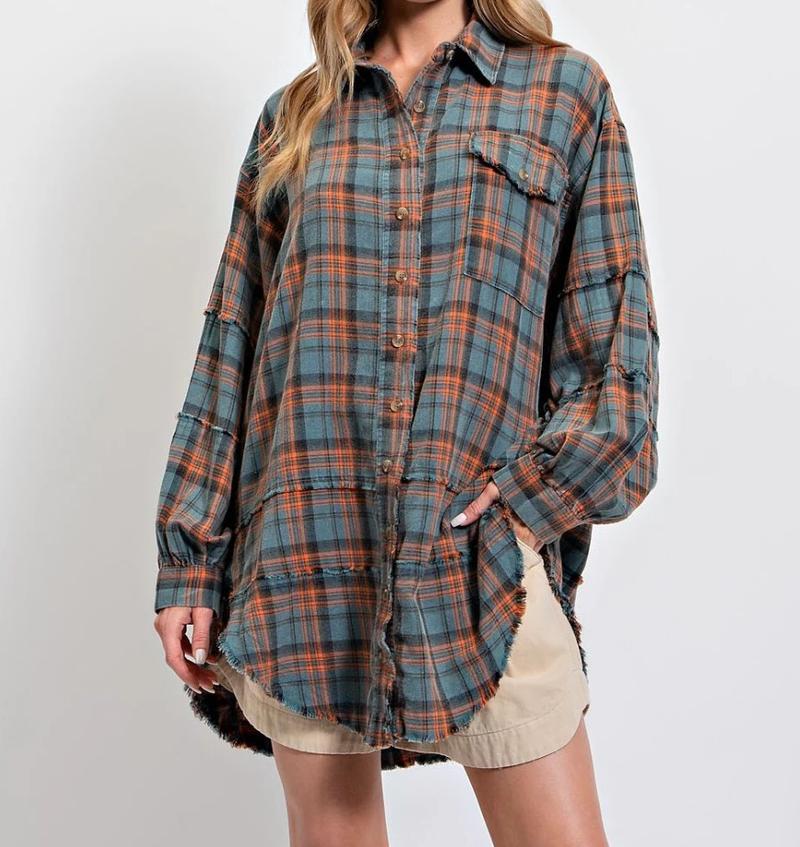 Women's Autumn and Winter New Frayed Lantern Sleeve Loose Button Plaid Shirt Top Womenswear