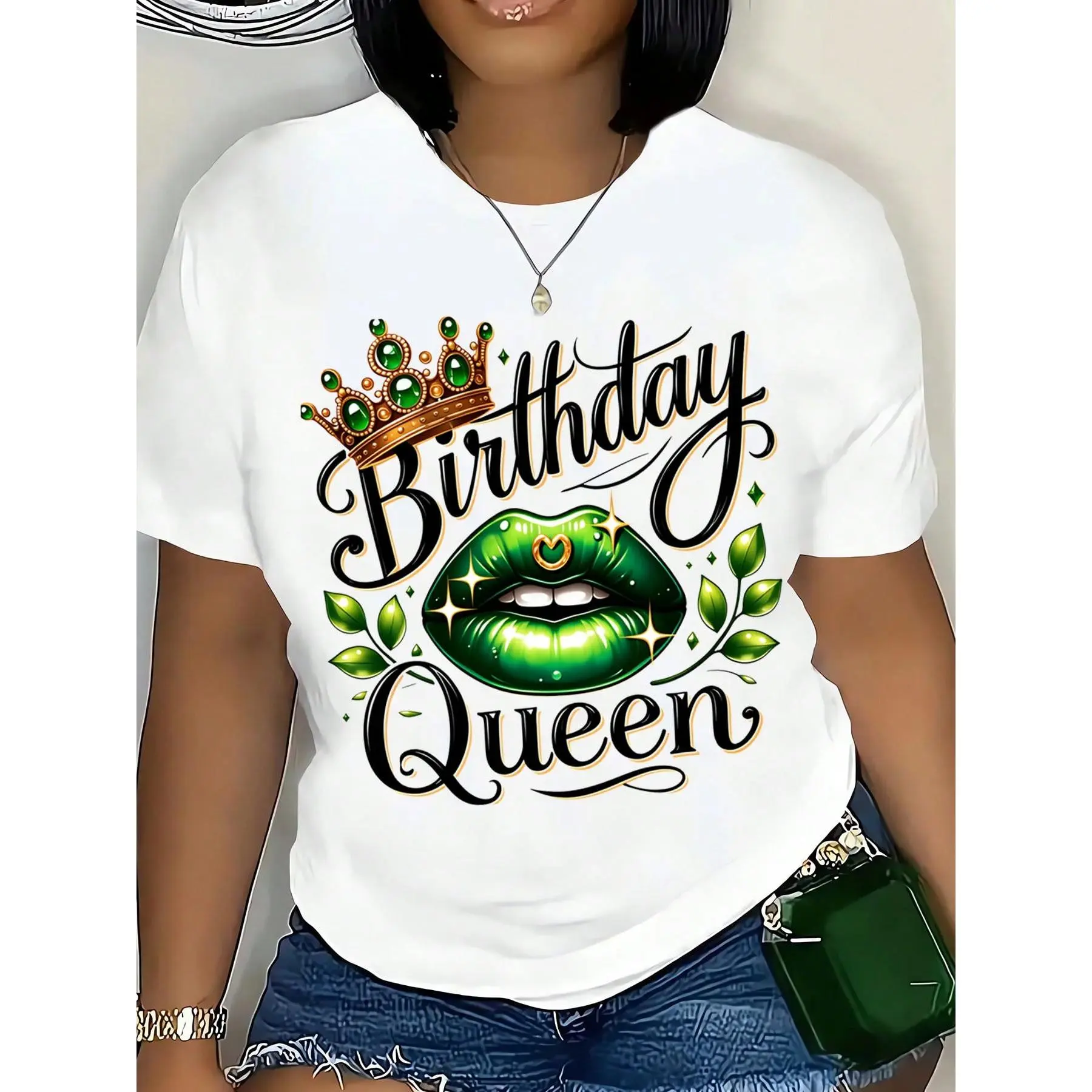 Birthday Queen T-Shirt With Crown And Green Lips Design For Women Birthday Celebration Gift Party Outfit Summer Casual Wear,220g Grunge Graphic Album Lever Action Rifle Retro Deftones Tour breezy bowl
