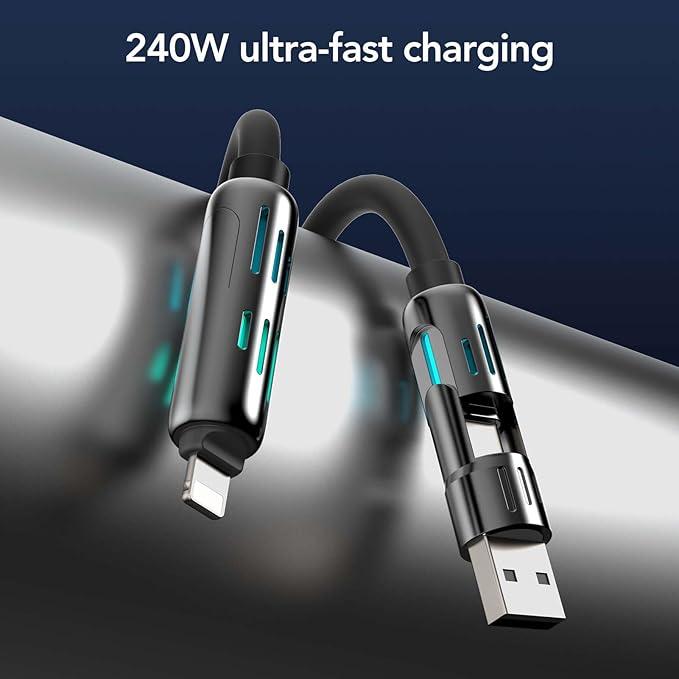 2-Pack 1M Black 4-in-1 High-Speed USB Charger Cables with Breathing Light - Universal Fit for iPhone 16/15/14/13/12/11 Pro Max, iPad, Samsung Galaxy, MacBook & Most Tablets
