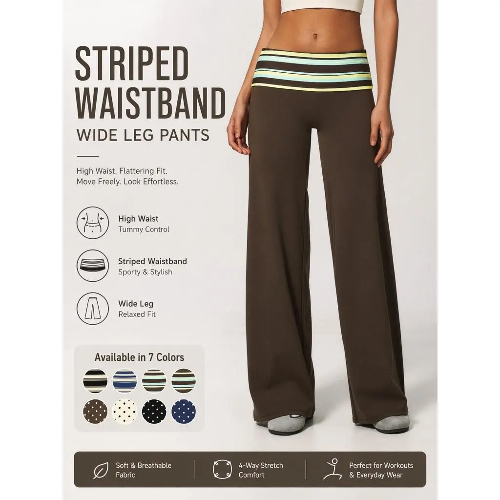 Women's Retro Workout Pants with Flared Bottom, Wide Leg Style with Striped Fold-Over Waistband & Tummy Control