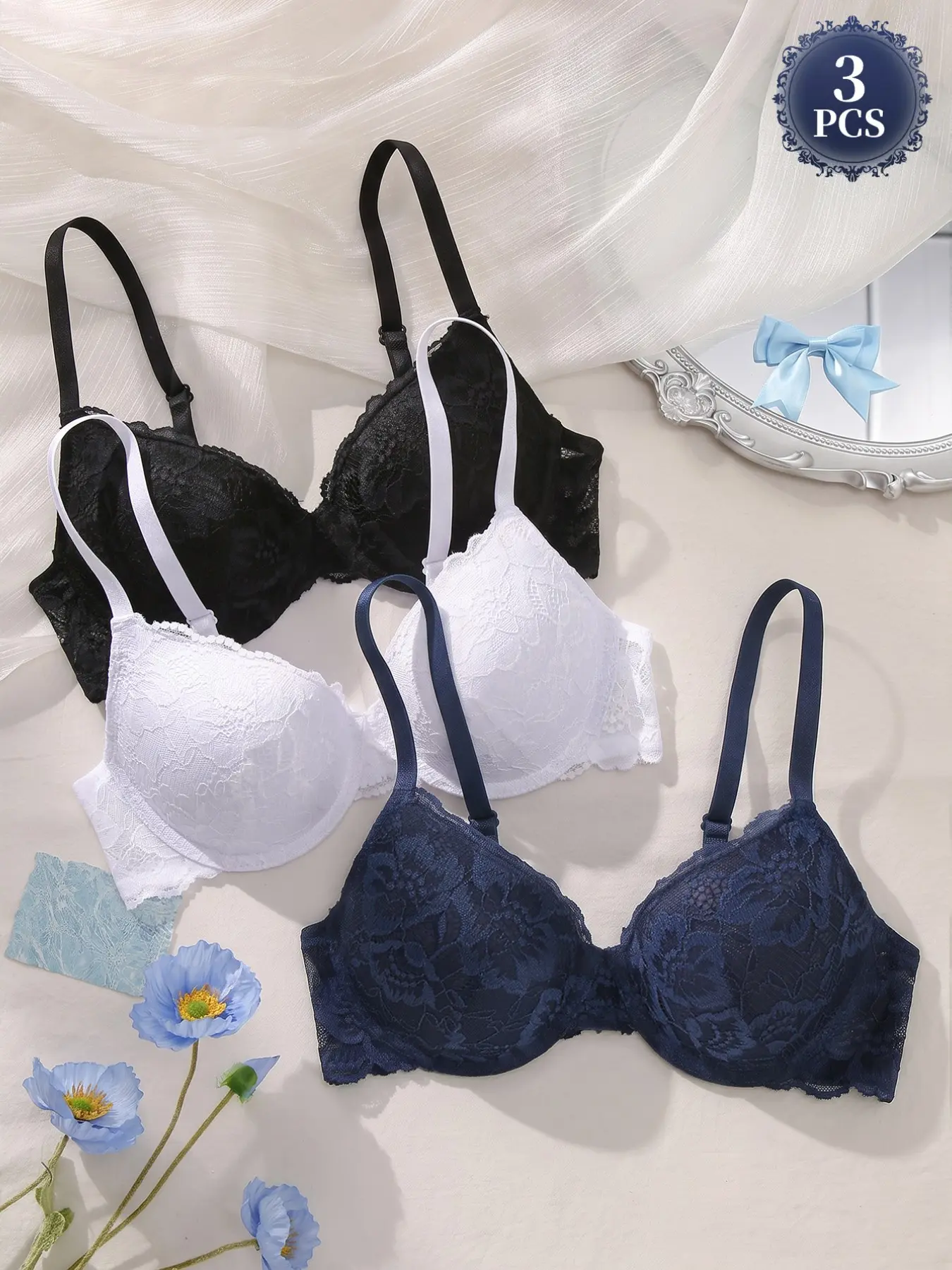 3-Pack Women's Floral Lace Underwire Bras, Floral Lace Brassiere, Underwear, Push-up Lifting Shaping, Fit, Skin-friendly Soft Breathable Fabric, Lace Back 3 Buckles, High-stretch Adjustable Straps, Side Smoothing Anti-slip, Everyday Wear