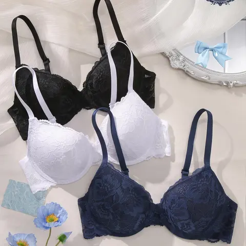 Women's 3-Pack Elegant and Chic Lace Underwire Bras, Lifting and Shaping Fit, Skin-Friendly Soft Breathable Fabric, Lace Back 3-Hook, Non-Slip Adjustable Straps, Side Smoothing Bra for All-Season Commute and Daily Wear