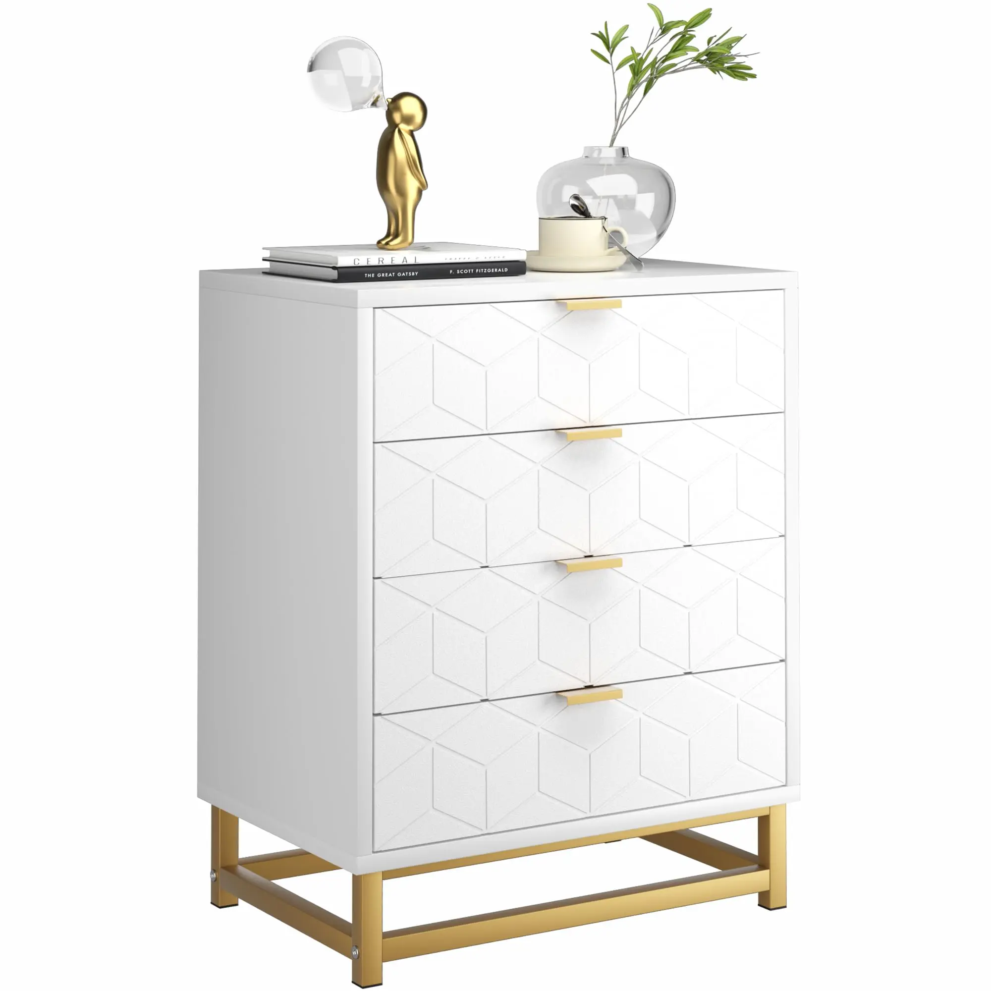 Modern 4 Drawer Dresser Mid Century Clothes Storage Chest Carved Patterns Bedroom Cabinet With Gold Metal Legs Handles Small TV Stand Media Console Table For Living Room Entryway Hallway Accent Organizer Unit Waterproof Black White