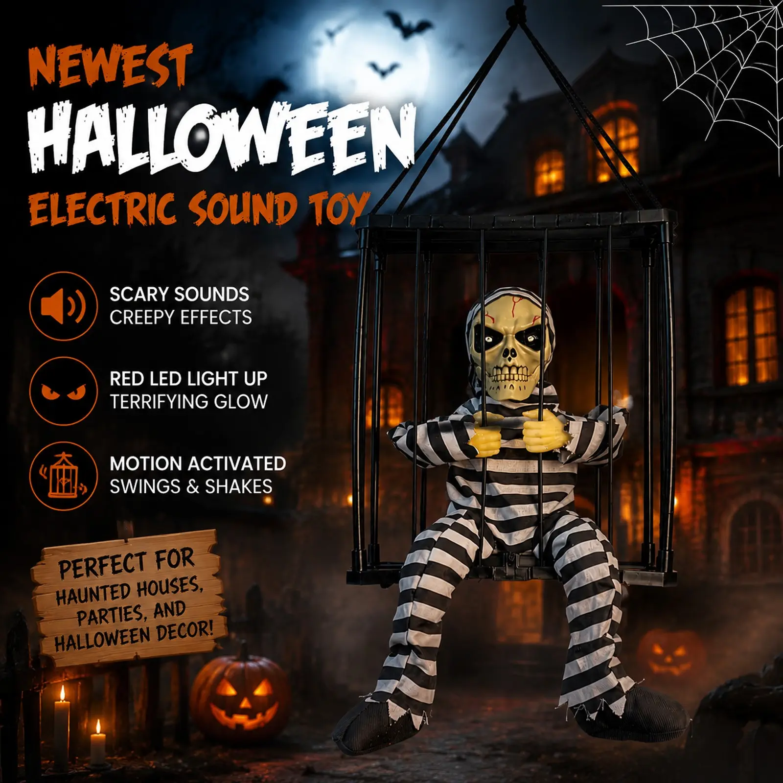 "Zombie in a Cage" Halloween Hanging Prop – Animated Ghost Prisoner Decoration with Light-Up Eyes and Sound Effects (Batteries not included; requires 3 AA batteries) – Ideal for Haunted Houses, Bars, and Horror-Themed Parties