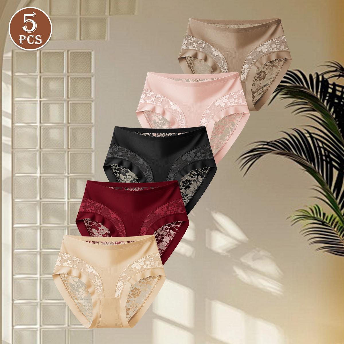 QUASTI 5PCS Mid Waisted Spliced Sexy Lace Women's Panties, Lightweight Translucent Skin-Friendly Soft Comfortable Sweet Basic Fit Invisible Underwear, Seamless Anti Roll Edge Elegant Confidence Briefs, S-XXL