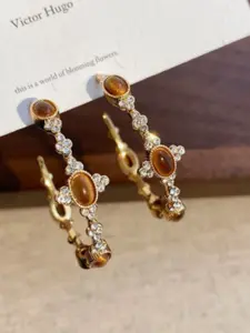 Vintage Madras Tiger Eye Stone Earrings, Bold C-Shaped Ear Jewelry, Zirconia Studs, High-End Fashion Accessory, European & American Style
