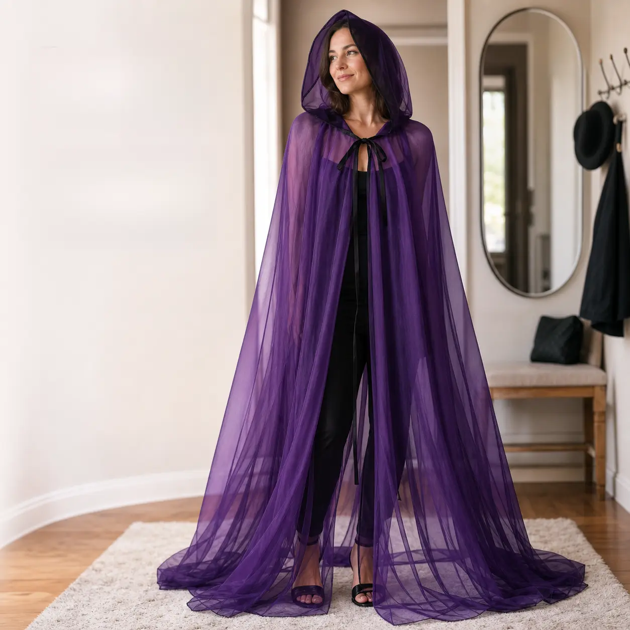 Purple Hooded Cape Cloak with Sheer Long Design, Dark Gothic Halloween Costume Cover Up