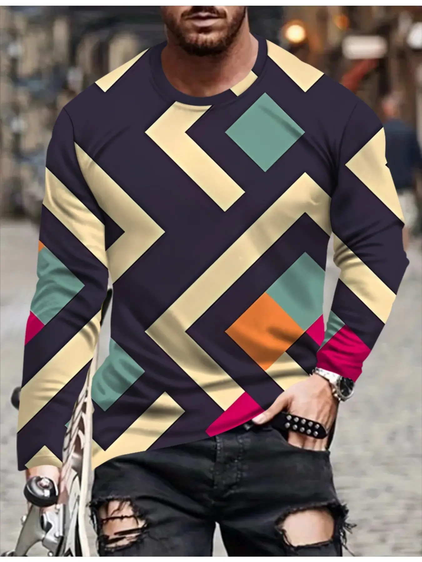 Men Vintage Geometric Diamond Chevron Print Long Sleeve T-Shirt Multi Color Block Retro Square Pattern Crew Neck Casual Daily Streetwear Tops