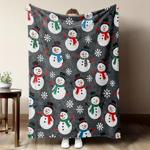 Christmas Decorative Blanket With Snowman And Snowflake Print, Soft Flannel Winter Throw For Sofa Beds, Holiday Home Decor, Gray Christmas Gift