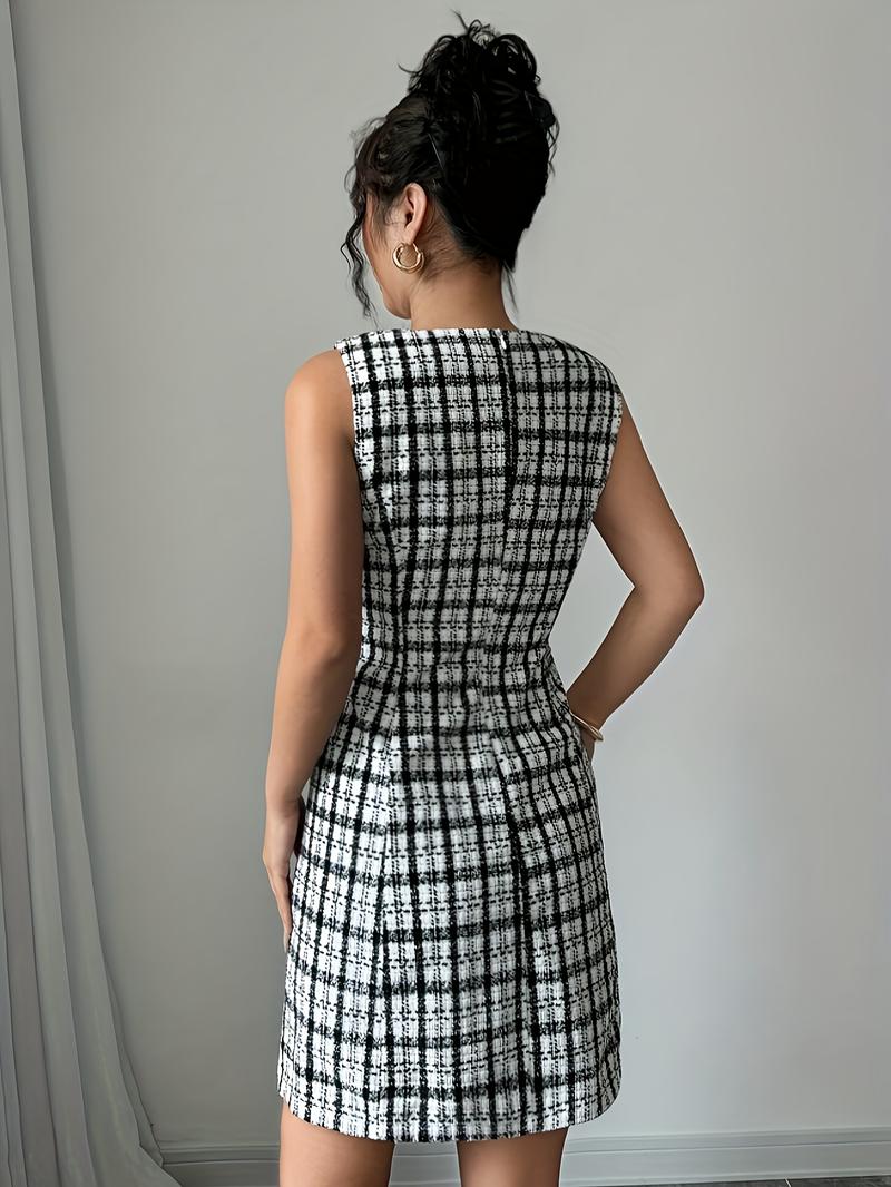 Women's Elegant Plaid Bowknot Dress, Sleeveless Round Neck Short Skirt, Casual Fall & Winter Fashion, Slim-Fitting Style