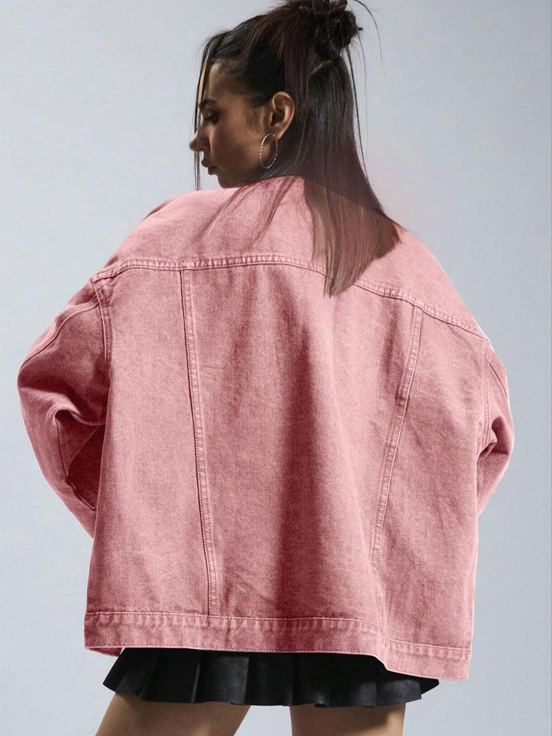 Women's Plain Button Front Drop Shoulder Denim Coat, Casual Long Sleeve Collared Pocket Outerwear for Daily Wear, Ladies Clothes for All Seasons, Clothing for Women Women's Plain Button Front Drop Shoulder Denim Coat, Casual Long Sleeve Collared Pocket Outerwear for Daily Wear, Ladies Clothes for All Seasons, Clothing for Women