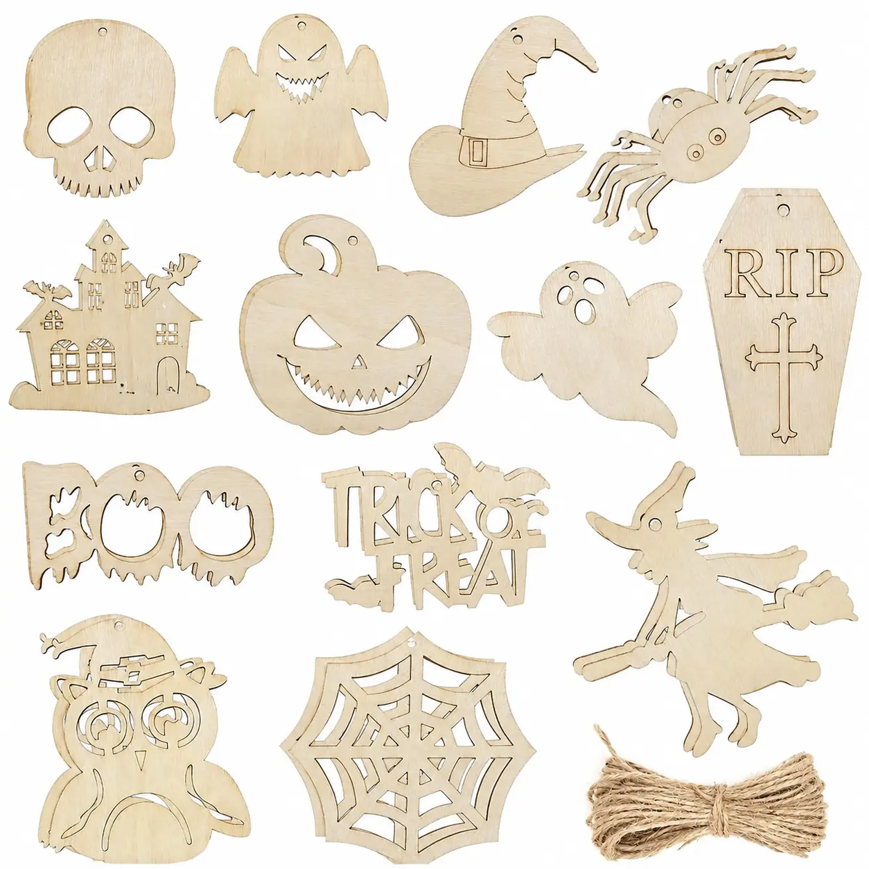 26-Piece Unfinished Wooden Halloween Craft Kit Featuring Ghost-Shaped Cutouts, Natural Wood Slices, and Hanging Tags for DIY Decorations, Trick-or-Treat Bags, Party Favors, and Seasonal Crafting Projects