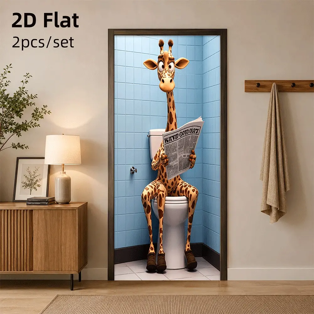 1pc Funny Giraffe Reading on Toilet Door Sticker, Cartoon Animal Bathroom Decor for a Playful Restroom Atmosphere, 2D Flat