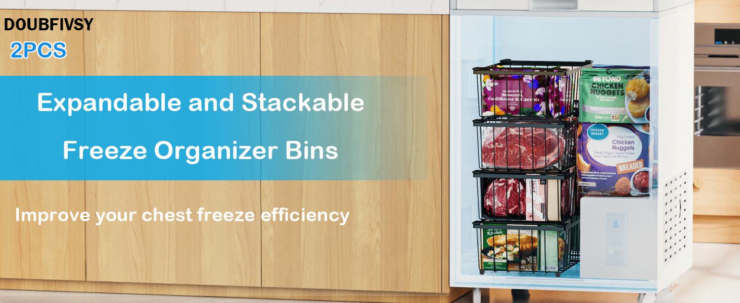 Freezer Organizer Bins, 2 Pack Expandable Stackable Chest Deep Freezer Organizer Bins, Foldable Freezer Baskets with Handles, Freezer Bins for 5 - 20 Cu.Ft Deep Freezer, Black