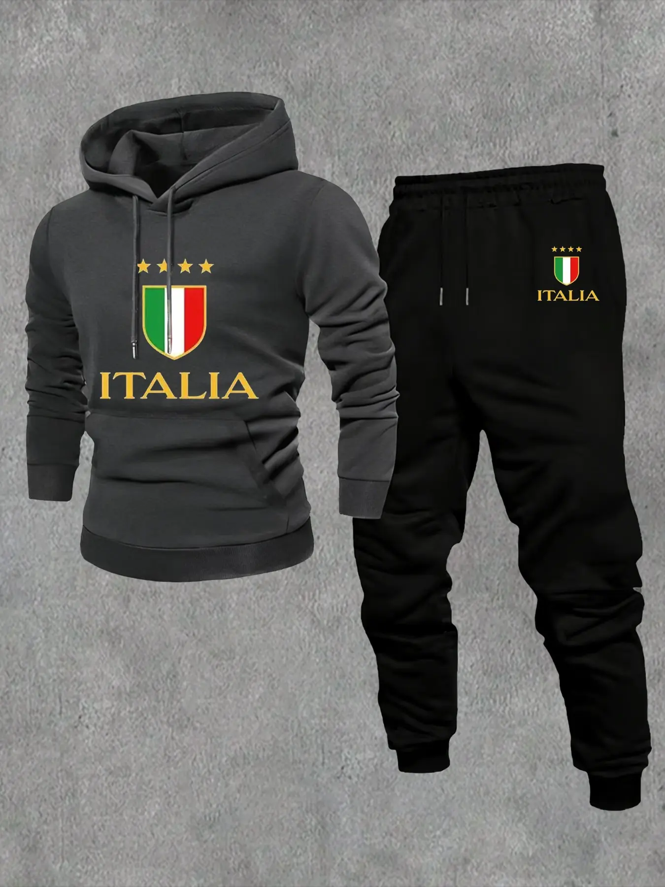 Korean Style Hooded Sweatshirt Set for Men, Loose Fit Graphic Long Sleeve Sweatshirt and Pants, Casual Fall Winter