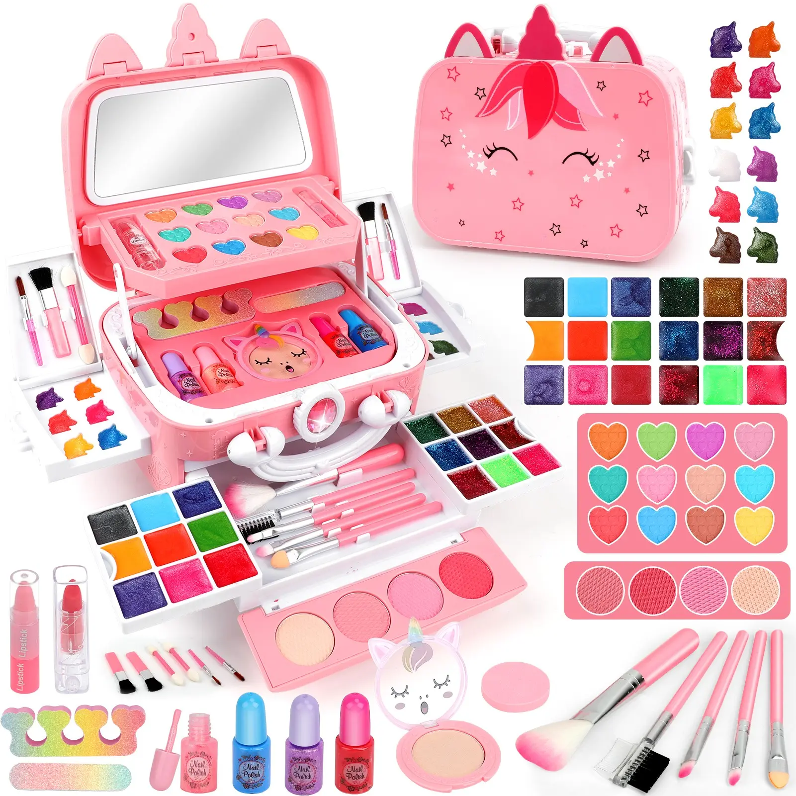 Children Unicorn Makeup Set for Girls, Washable Non-Toxic Role Play Cosmetics, Portable Makeup Box, Princess Makeup Toy Gift, Ages 3-12, Playset