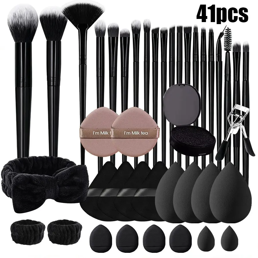 Professional Makeup Brush Set, 20 Brushes + 16 Sponges, Travel Portable, Includes Hair Tie, Wrist Strap, Cleaning Box, Eyelash Curler