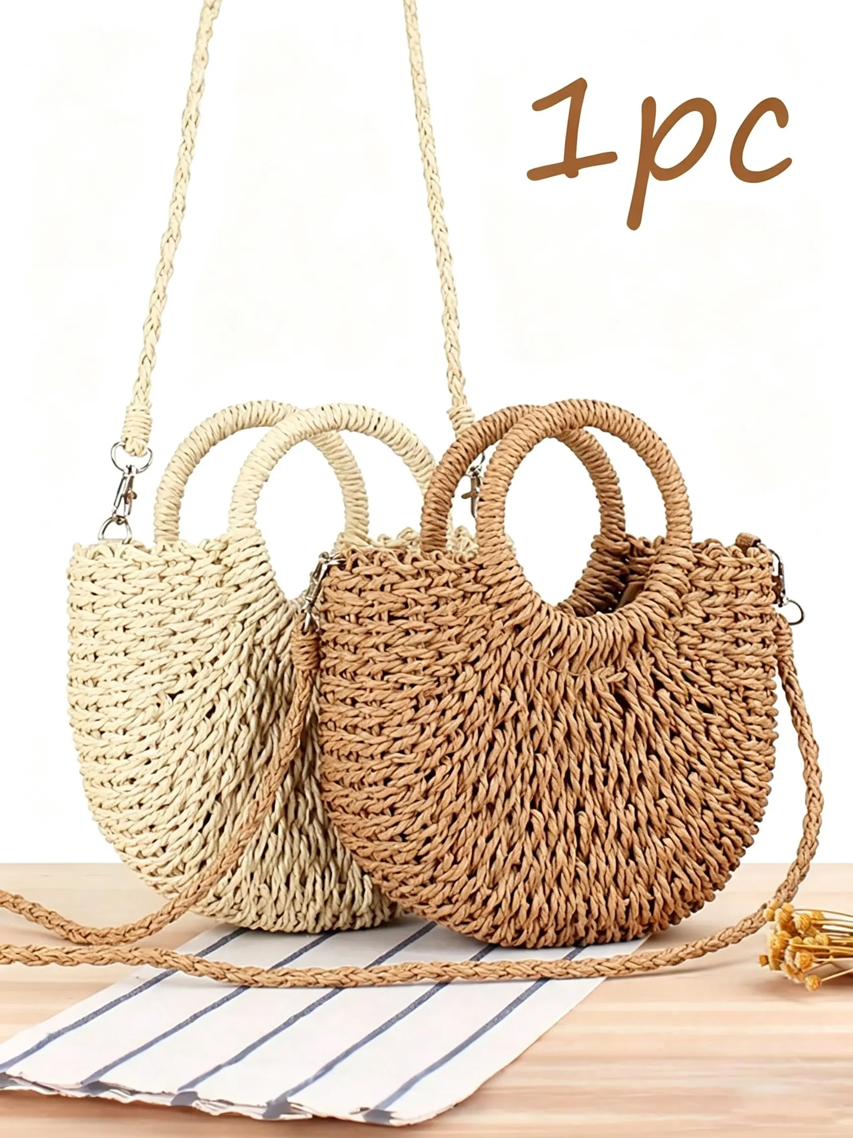 Crescent-Shaped Hollow Handbag, Minimalist Style Bohemian Straw Bag, Fashionable Beach Woven Bag, Summer Vacation Essential, Travel & Shop, Boho Straw Bag