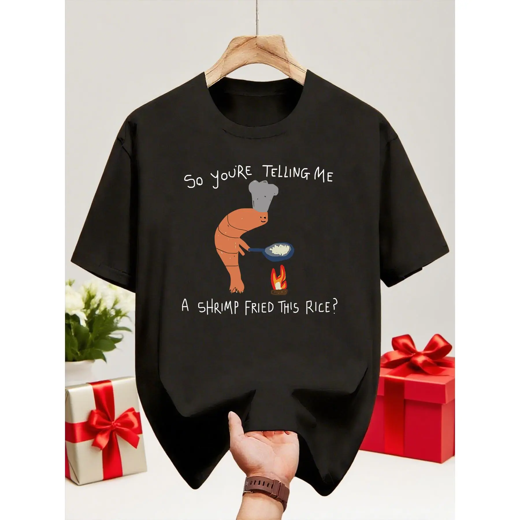 Men's Funny Shrimp Fried Rice T-Shirt - "So You're Saying I Shrimp Fried This Rice?" Pun Tee with Cartoon Chef & Shrimp Design, Breathable Round Neck Short Sleeve Shirt Suitable for Food Lovers, Japanese Ramen Fans Gift, Machine Washable