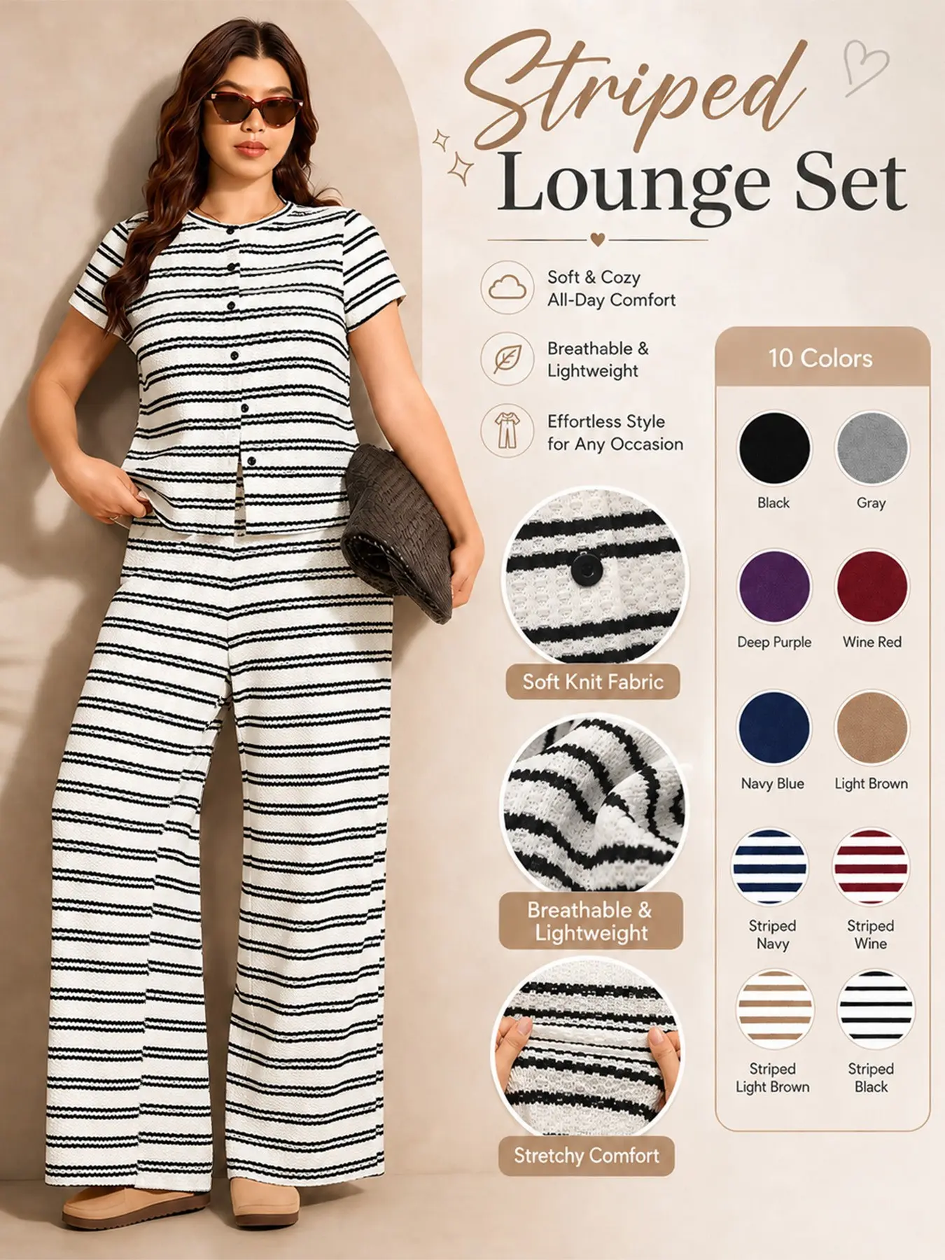 Women's Plus Size Loungewear Set, Striped Pattern, Front Button Design, Short Sleeve Top & Long Pants, Casual Comfortable Fashion, Lightweight Sleepwear, Pajama Set