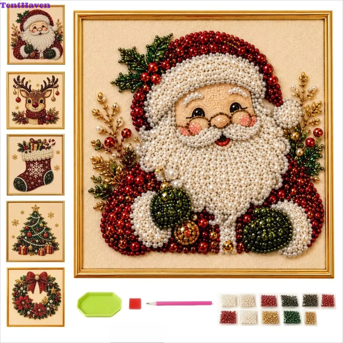 Christmas Bead Kit For Adults, DIY 3D Raised Pearl Mosaic Art Set With 25cm X 25cm Pre Printed Canvas And Gold Display Frame, Beginner Friendly Complete Craft Supplies For Xmas Home Wall Decor And Holiday Gift Making