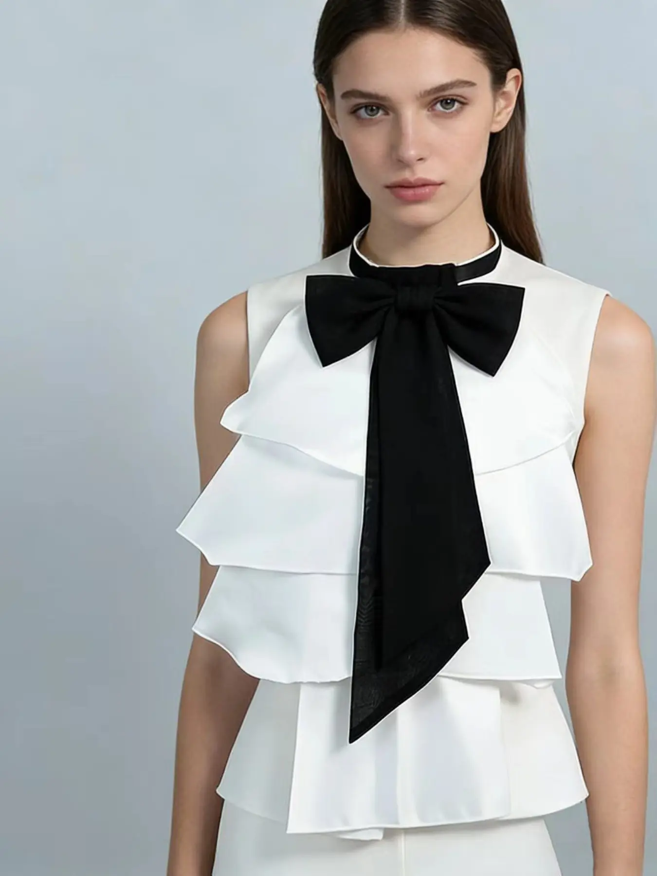 Bow Tie Layered Ruffle Halter Fake Neck Scarf, Adjustable Detachable Elegant Versatile Commuter Accessory