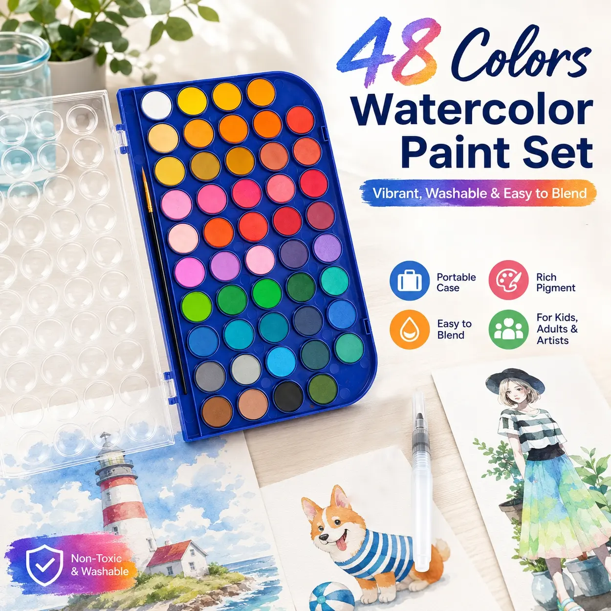 Professional 48 Colors Watercolor Painting Set, Compact Solid Watercolor Palette with Brush for Artists and Beginners, High Pigment Art Supplies for Watercolor Painting, Sketch Books, Crafts, Illustration, School Projects and Everyday Creative Hobbies
