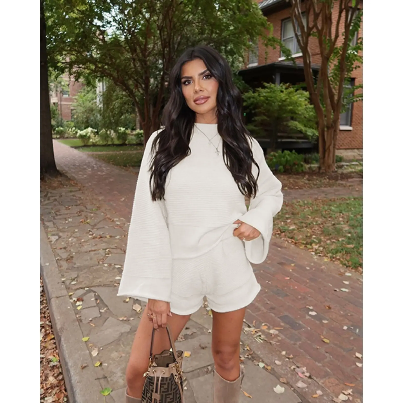 Tankaneo Womens 2 Piece Short Sets Bell Sleeve Mock Neck Oversized Sweater and Shorts Fall Sweater Sets Lounge Matching Set