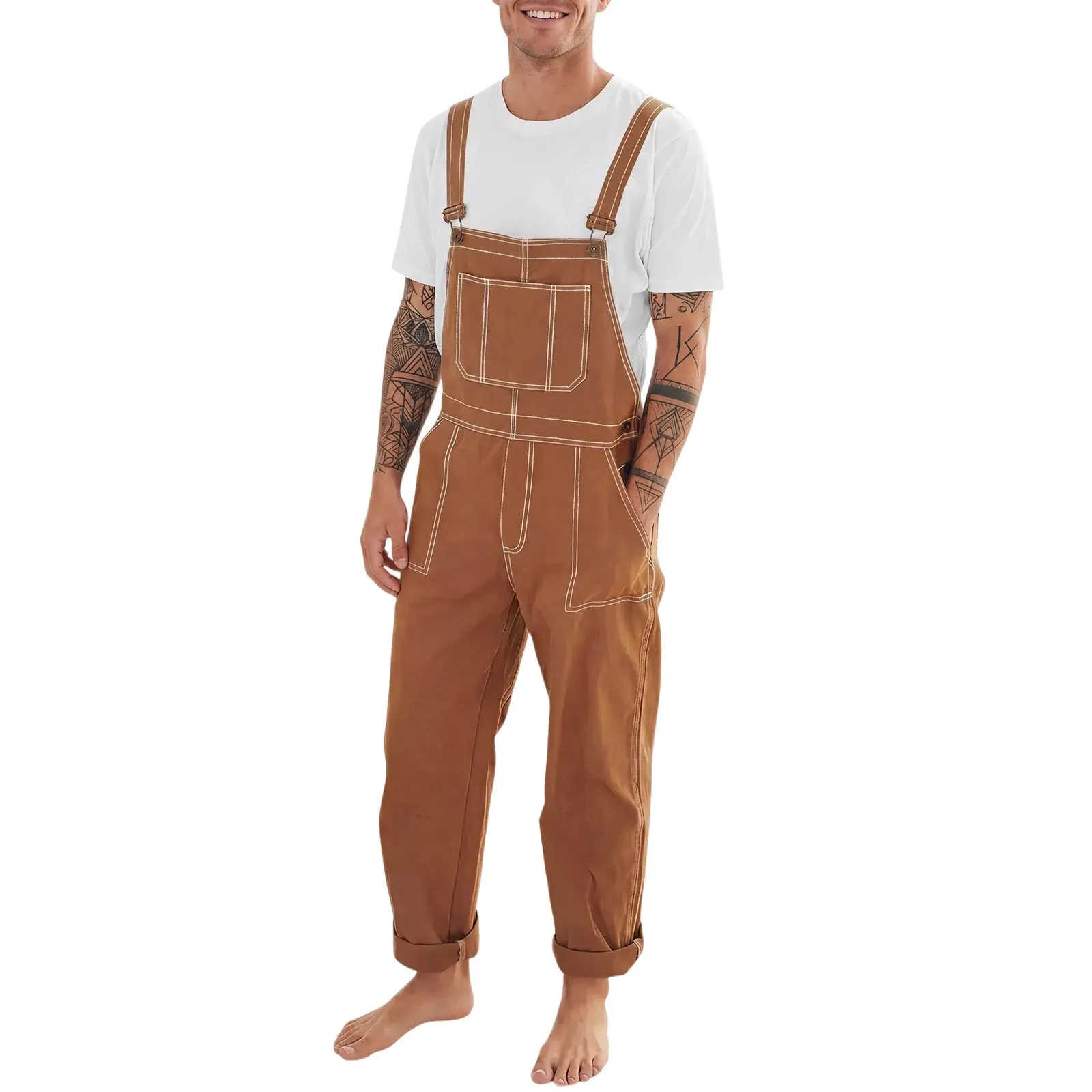 Runcati Men's Bib Overalls Work Jumpsuits Adjujstable Strap Cotton Workwear | Fashion Stretchy Rompers, Loose Fit Work Utility Overalls, Lightweight Casual Jumpsuit with Pockets, Functionality Pants
