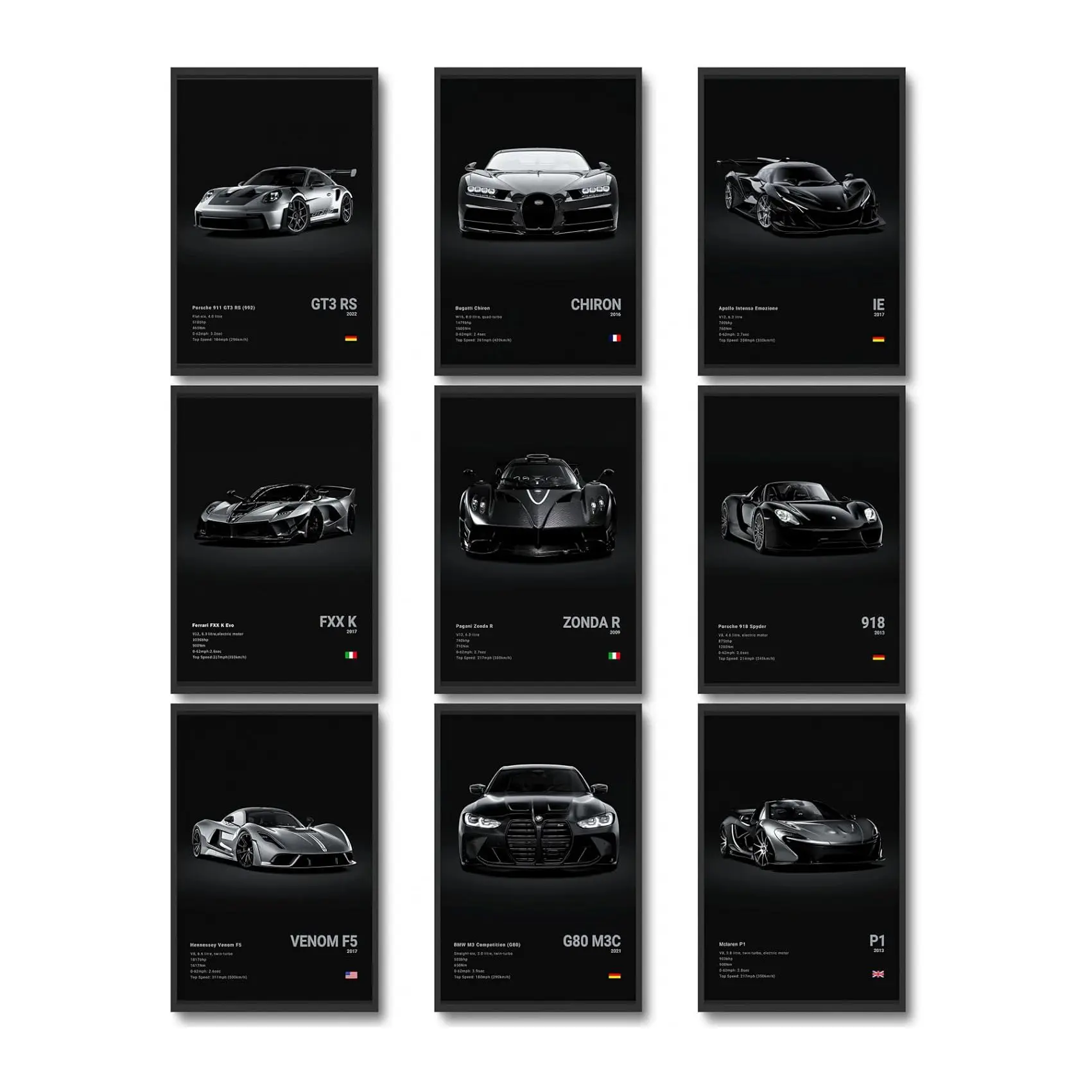 9pcs/set Luxury Famed P-Pagani Supercar Black HUAYRA ZONDA Poster Home living room Wall Art Garage Room Decor Aesthetic Wall Decor URUS Canvas Wall Art Print Poster Supercar Decorative Painting Modern Home Decor Car Lover Gift Decorative Artwork Unframed