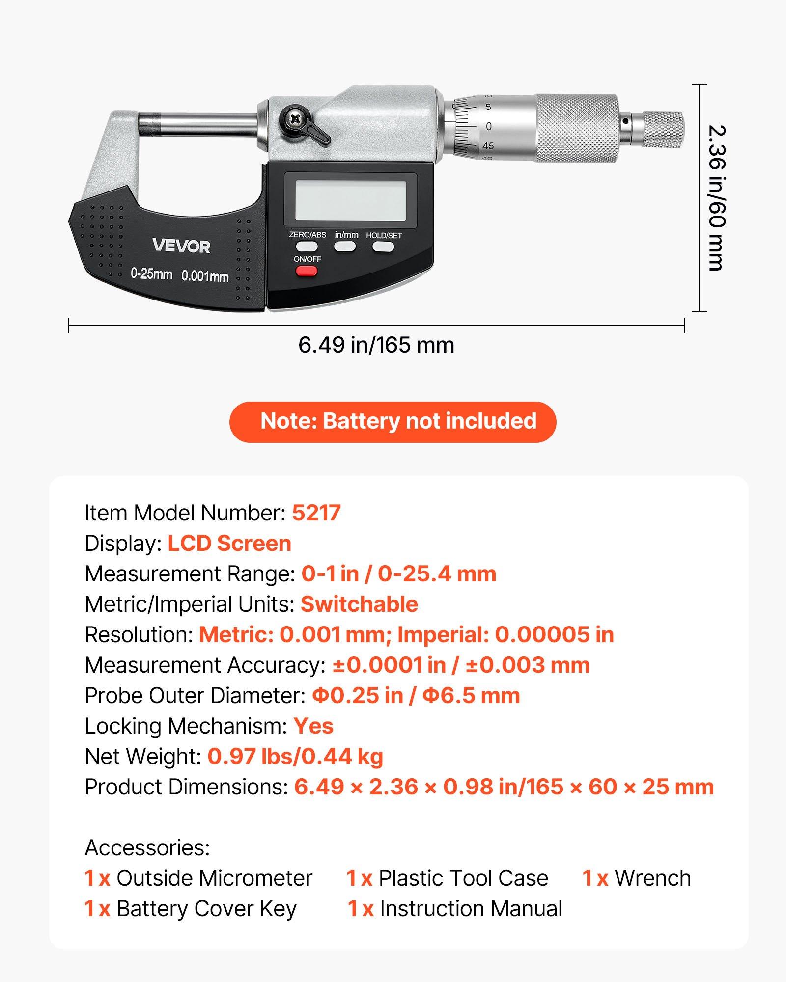VEVOR Micrometer Set, Digital Outside Micrometer 0-1 inch Measuring Range, 0.00005" Resolution, Ultra-Precision 0.0001 Accuracy, LCD Screen, in/mm Switch, Carbide Tip, with Protective Case