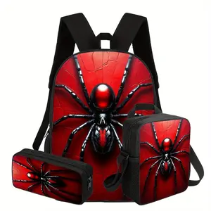 Stylish 3-piece spider web print backpack set, including 17inch backpack, matching lunch bag and pencil case, lightweight and durable, suitable for daily errands, city travel, office use, or as a unique Halloween or birthday gift