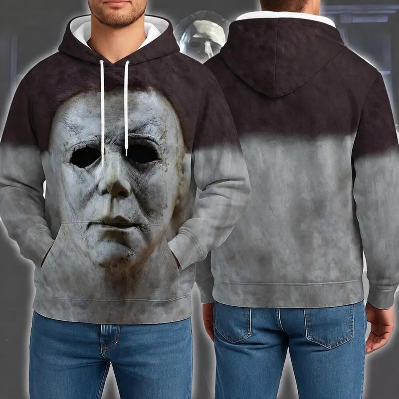 Men's Pullover Hoodie - Long Sleeve Tops with All-Over Print Spooky Horror Mask Graphic, Scary Movie Inspired Halloween Design, Casual Menswear Fall Party Wear