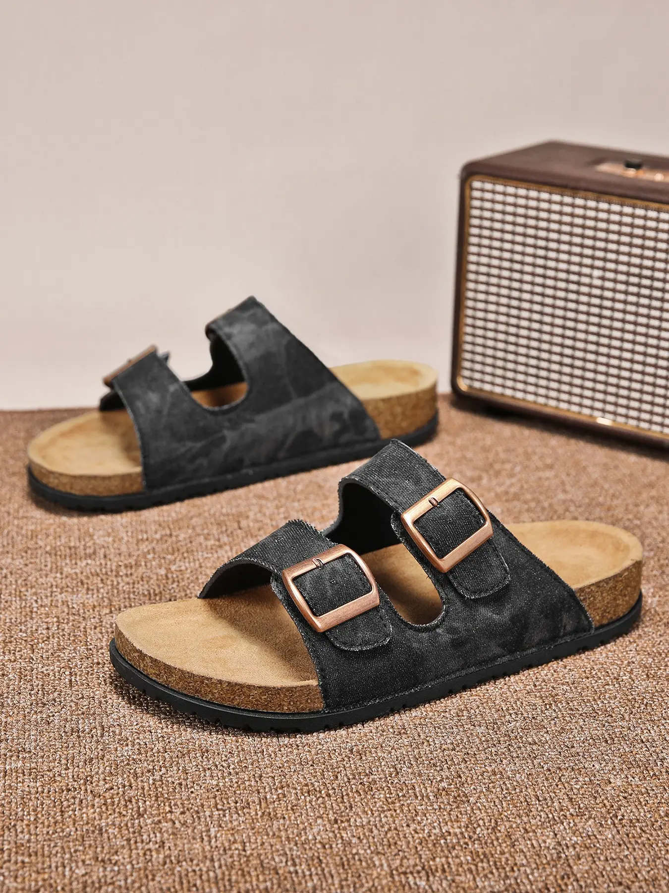Vintage Denim Slippers with Adjustable Buckles, Soft Cork Insole, Durable Eva Sole, Perfect for All Seasons, Casual Wear