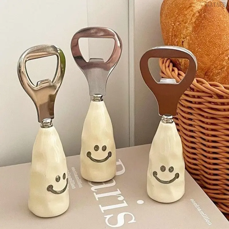 3 Pcs Bottle Opener, Stainless Steel Opener with Plastic Imitation Ceramic Handle, Freestanding Creative Wine Cap Remover
