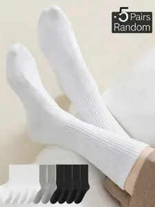5 Pairs Men's Socks, Comfortable Solid Mid-Calf, All-Season Wear, Soft Sweat-Wicking Odor-Resistant, Active Socks, Casual Sports Socks