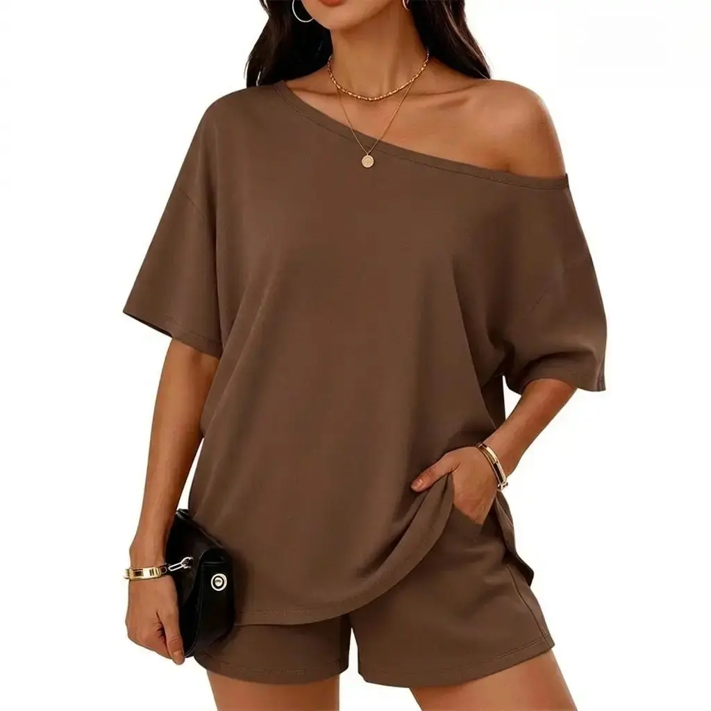 Women's Casual Two-Piece Loungewear Set — Off-Shoulder Top and Slim-Fit Shorts (Spring/Summer Style) Homewear