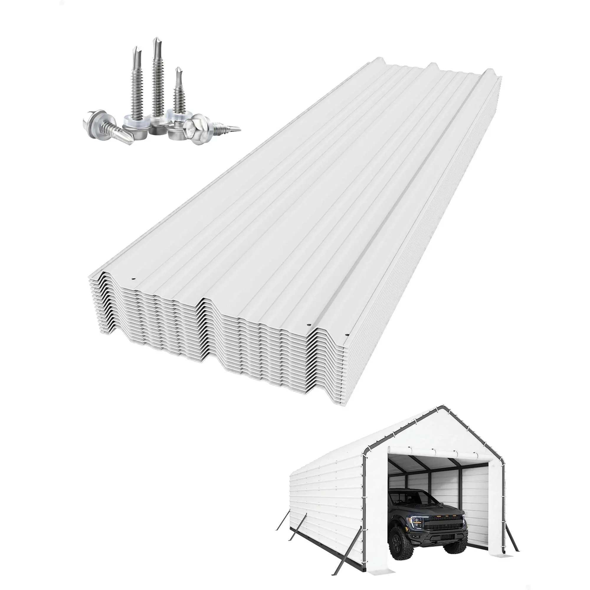 GARVEE Roofing Panels for Metal Carport 13x26 ft, 13x21 ft, 13x16 ft, Heavy Duty Metal Carport Kits, 27 Ga. Galvanized Steel Ribbed Panels, 64.17 in x 19.68 in, 16 Pcs, White